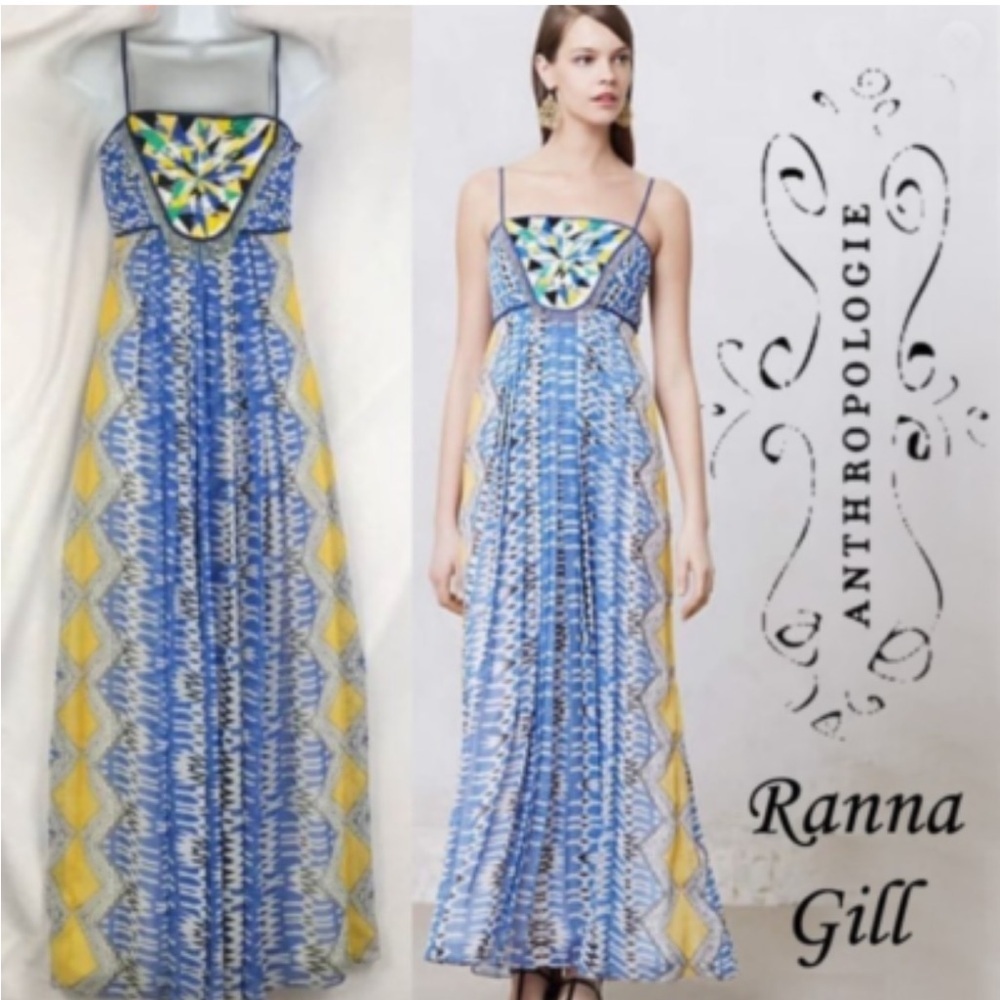 Anthropologie Ranna Gill Embroidered Beaded Blue and Yellow Patterned Maxi Dress